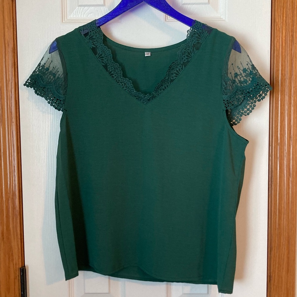 Green Lace Trim Sheer Sleeve Top